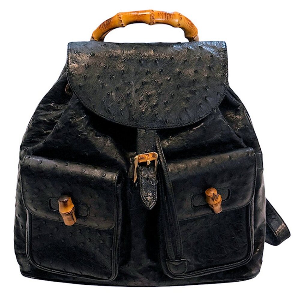 Vintage GUCCI Black Ostrich Skin Backpack Handbag with Bamboo Accents